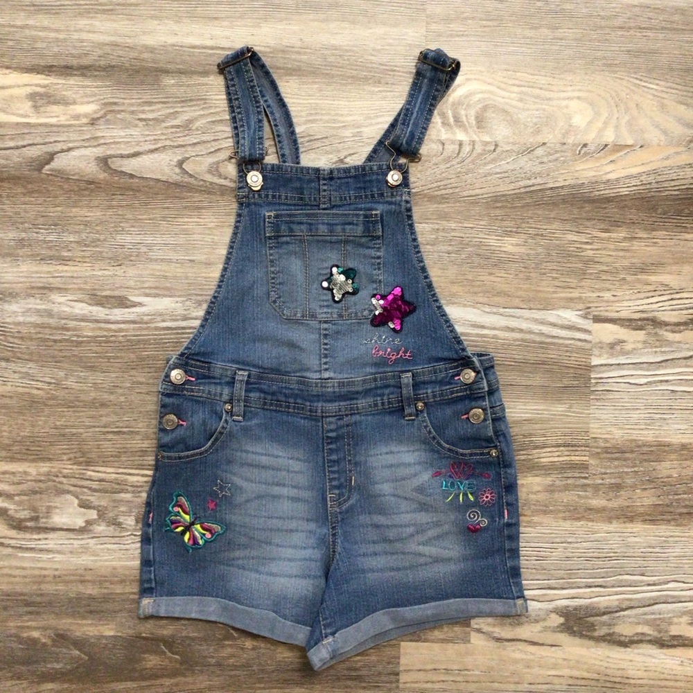 Jordache Denim Shortalls Embroidered Butterfly Sequin Hearts Detail Large 10-12